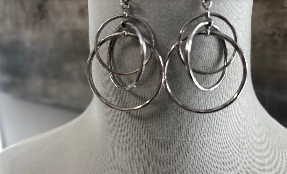 Lia Sophia Triple Circle Intertwined Silver Earrings, slightly hammered silver
